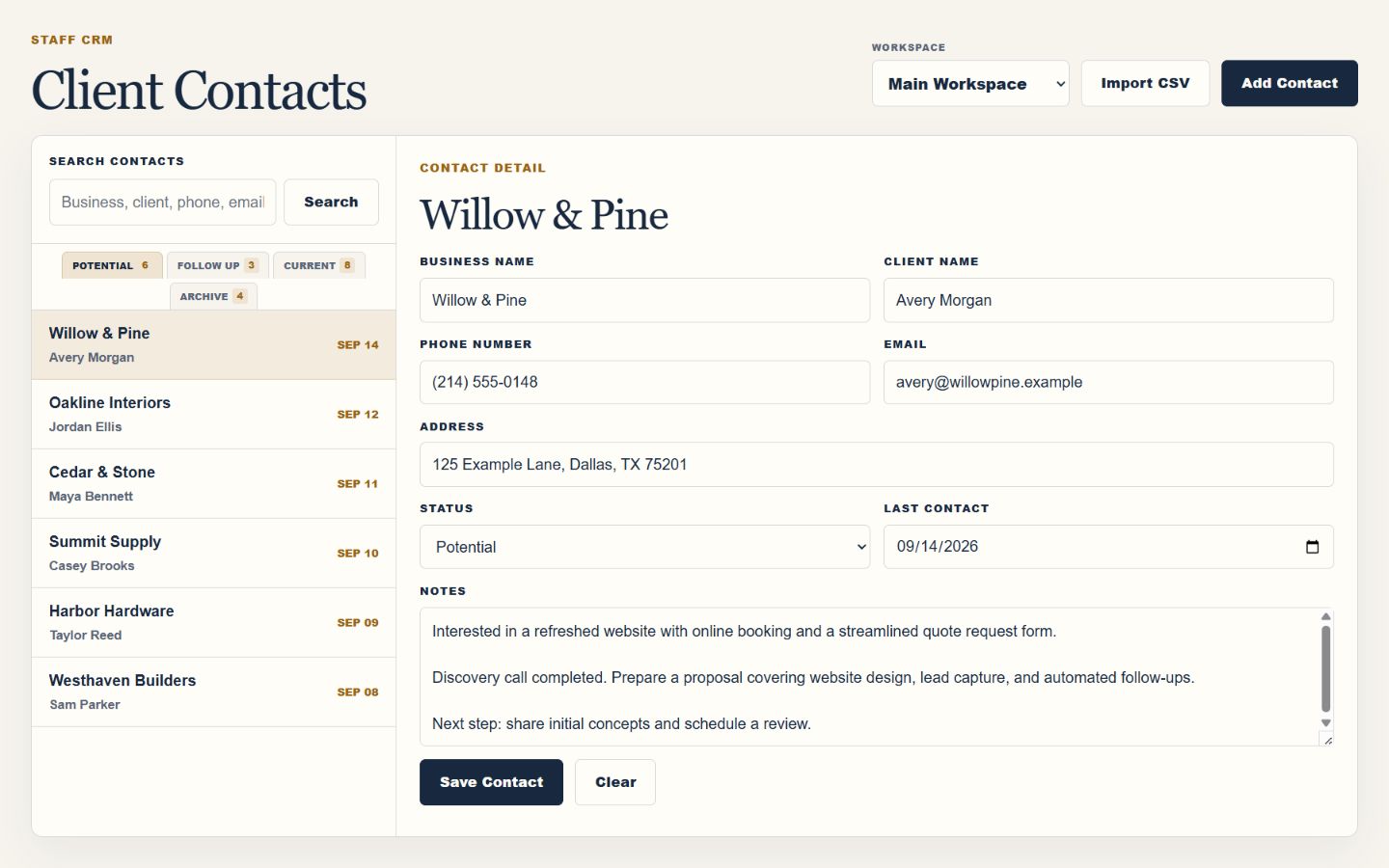 Client contacts CRM dashboard with fictional contacts and project notes