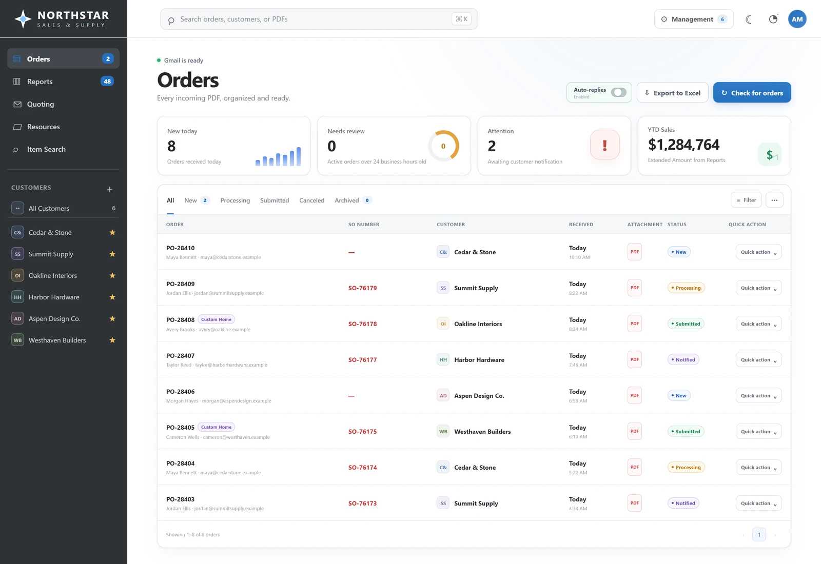 Northstar order management dashboard with order statuses and customer records