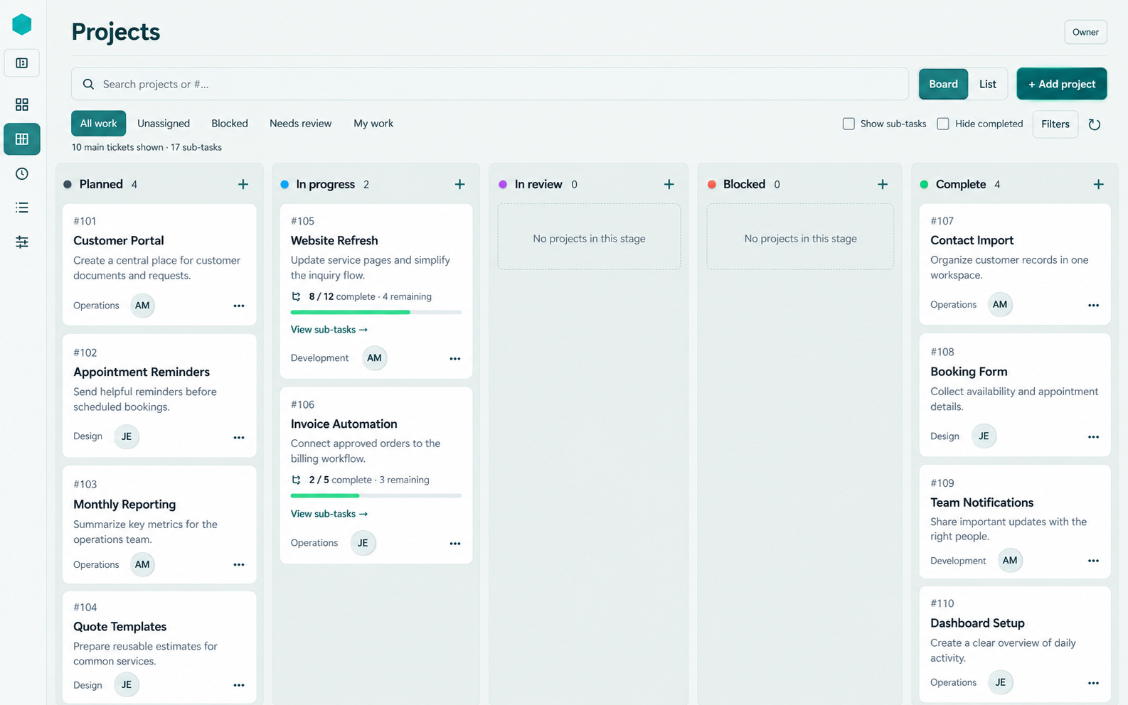 Project management board with fictional projects, tasks, and team members