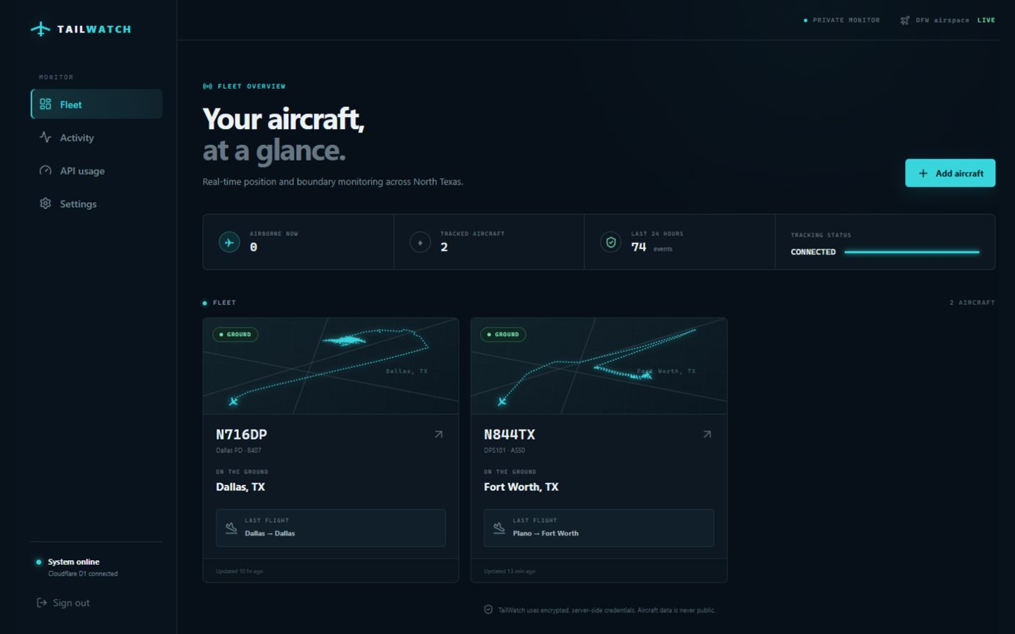 TailWatch aircraft monitoring dashboard screenshot